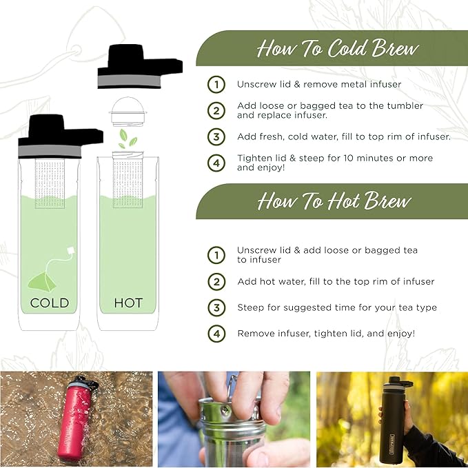 The Tea Spot Steepware Tea Tumbler and Thermos, 22oz, Tea Bottle with tea infuser for loose leaf tea or iced coffee, Sleek Double Wall Tumbler & Insulated Travel Bottle - Olive
