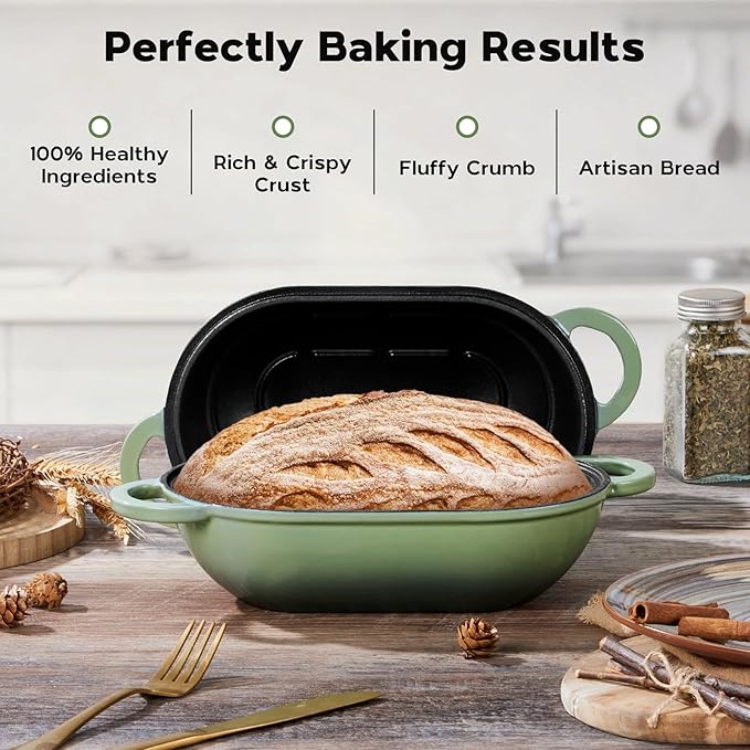 Onader Enameled Cast Iron Dutch Oven, 2.8QT Dutch Oven Pot with Lid for Sourdough Bread Baking, Oval Meatloaf Pan, Heavy Duty - Pistachio Green