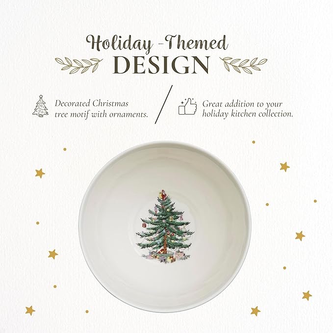 Spode Christmas Tree Polka Dot Rice Bowl - 6-Inch Porcelain Soup Bowls for the Holidays, Christmas Kitchen Bowls for Rice, Dessert, Cereal, Noodles, and Pasta, Dishwasher and Microwave Safe