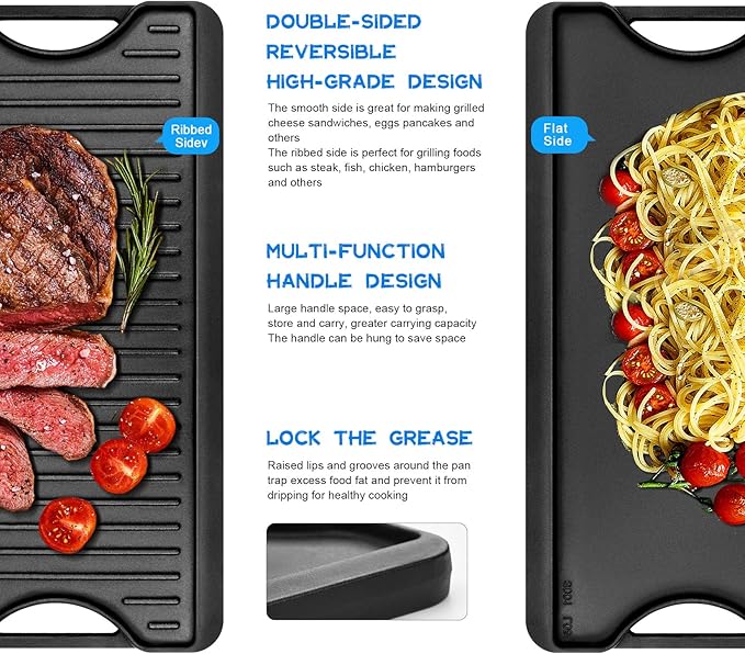 GGC Cast Iron Reversible Griddle, 2-in-1 Griddle Pan for Gas Stove Tops, Gas Grills and Camping, 20 x 10.5 Flat and Ribbed Griddle Plate for Indoor and Outdoor Cooking