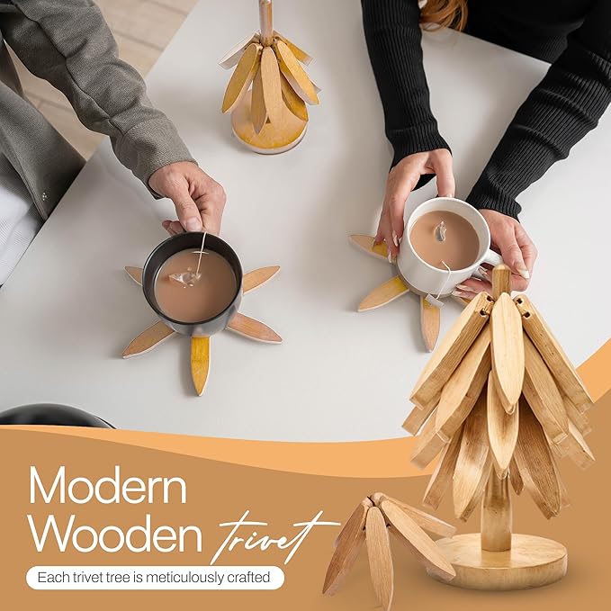 Wooden trivets for hot Dishes – 4 Tree-Shaped Coasters & 1 Stand for Hot Pots, Dishes | Heat-Resistant, Space-Saving Pot Rest & Cozy Kitchen Decor, Tree Trivets for Counter + Special Bonus (Beech)