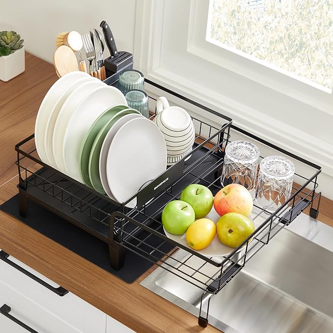 SONGMICS Dish Drying Rack, Kitchen Dish Rack, with Drainboard, 360° Rotatable and Extendable Spout, with Cutlery Holder, 12.2-22 x 16.5 x 7.9 Inches, Ink Black UKCS552B01