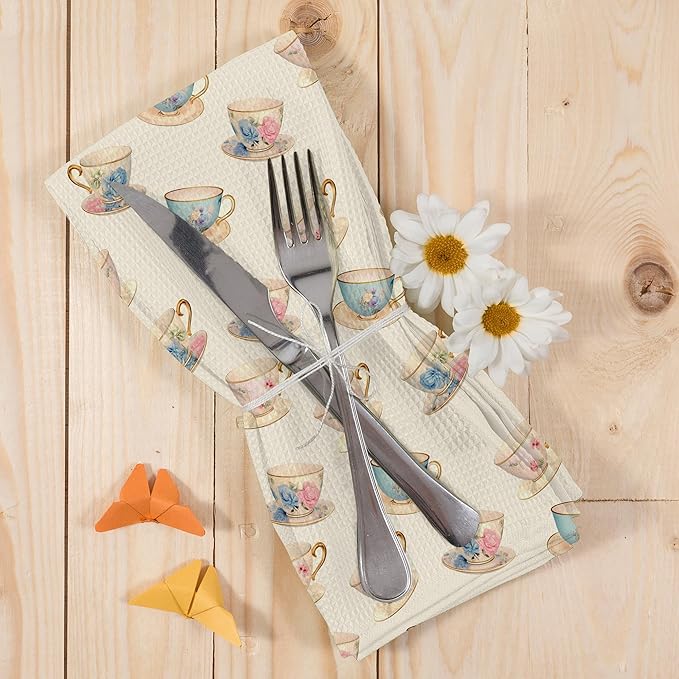 Retro Spring Floral Teacups Kitchen Dish Towels, Elegant Art Tea Party Decor, Coffee Lovers Gifts for Her, Cottage Roses Flower Cups Hand Towels Kitchen Tea Towels Decorations, 16x24inch