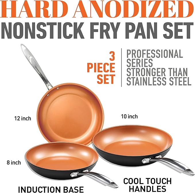 Gotham Steel PRO 3 Pc Hard Anodized Ceramic Frying Pans Set, 8” 10” 12” Nonstick Frying Pans Skillet with Non Toxic Ceramic & Titanium Coating, Induction Ready, Oven and Dishwasher Safe - Copper