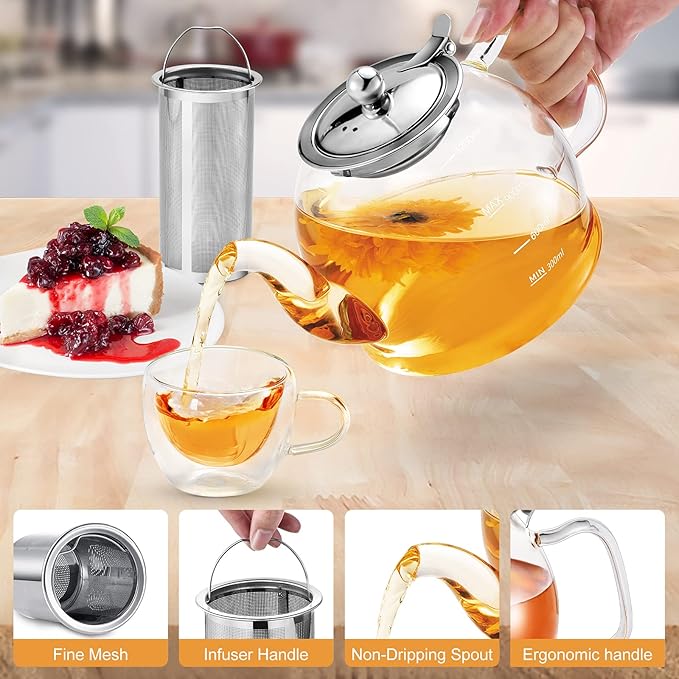 Glass Teapot, 40oz/1200ml Tea Pot with Removable Infuser for Loose Tea, Stovetop Safe Borosilicate Glass Tea Kettle with Strainer and Lid, Hand Crafted Clear Teapot with Scale Line, Tea Brewer Guide
