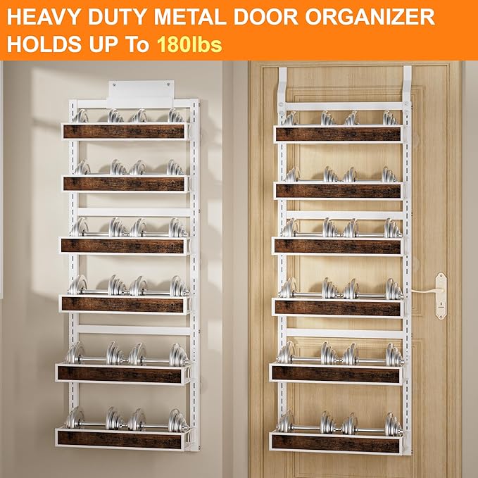 Over The Door Pantry Orangizer,6 Tier Wall Mounted or Hanging Spice Rack with Adjustable Wood Basket,Metal Heavy Duty Behind Door Storage Shelf for for Kitchen Pantry and Bathroom