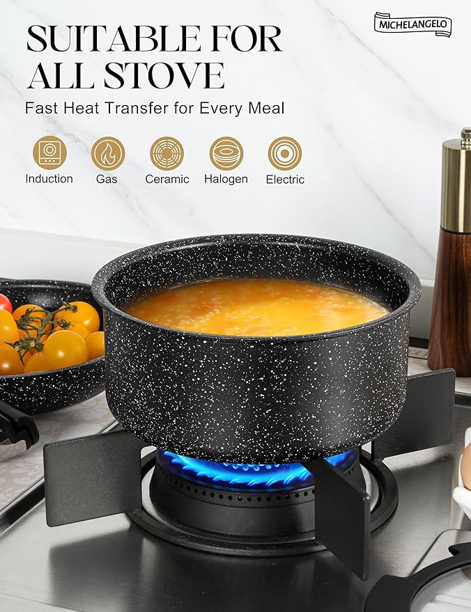 MICHELANGELO Pots and Pans Set Detachable Handle, 5 Piece Nonstick Kitchen Cookware Sets, Stackable Pots and Pans Set with Removable Handle, Oven Safe - 5Pcs, Black