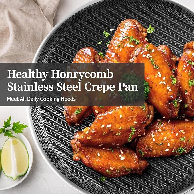 Innerwell Stainless Steel Crepe Pan - 11inch Nonstick Crepe Pan, Stainless Steel Honeycomb Coating Pancake Pan, Non Stick Flat Skillet Tawa Dosa Tortilla Griddle Pan, Induction Compatible, PFOA Free