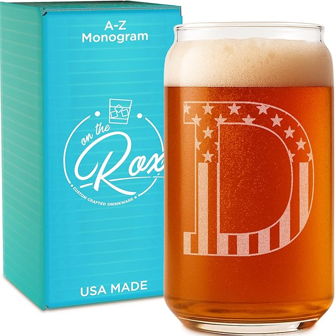 Monogram Beer Glasses for Men (A-Z) 16 oz - Beer Gifts for Men Brother Son Dad Neighbor - Unique Gifts for Him - Personalized Drinking Gift Beer Glass Mugs - Engraved Beer Can Glass (D)