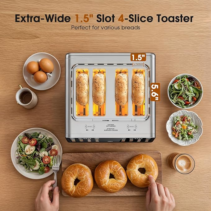 Touch Screen Toaster 4 Slice, Digital Smart Dual Control Touchscreen, Stainless Steel, 6 Toast Types & Levels include Bread, Bagel, with Defrost/Reheat/Single Slot Toasting Function