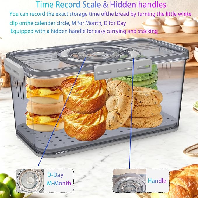 Bread Box with Lid and Handle,New Upgrade Time Recording Bread Storage Container for Kitchen Counter Airtight,Portable Bread Boxes for Homemade Breads, Toast, Bagel, Donut and Cookies(Grey)