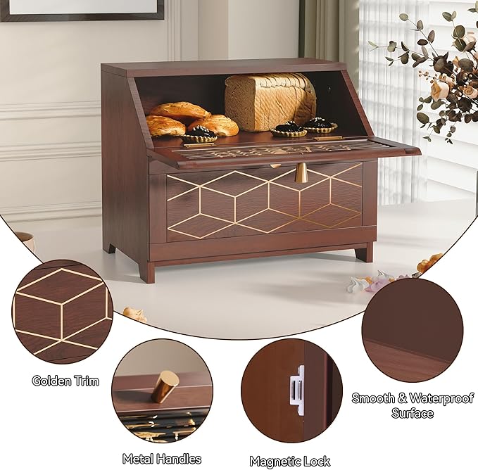 Double Layer Bread Box With Golden Trim for Countertop, Wooden Bread Container for Kitchen Counter, Corner Bread Storage, Brown
