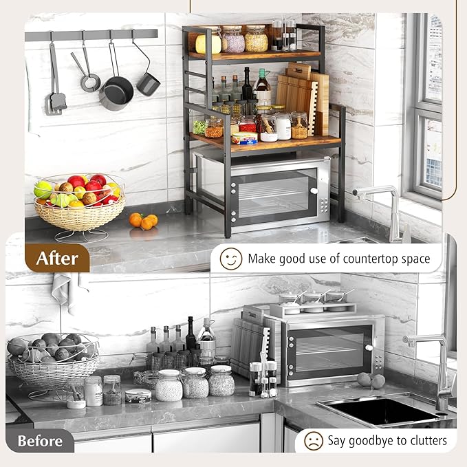 Giantex 3-Tier Microwave Stand, Space-Saving Microwave Oven Rack with 2 Open Shelves & Heavy-Duty Metal Frame, Industrial Countertop Organizer, Microwave Stand Countertop for Kitchen Coffee Bar