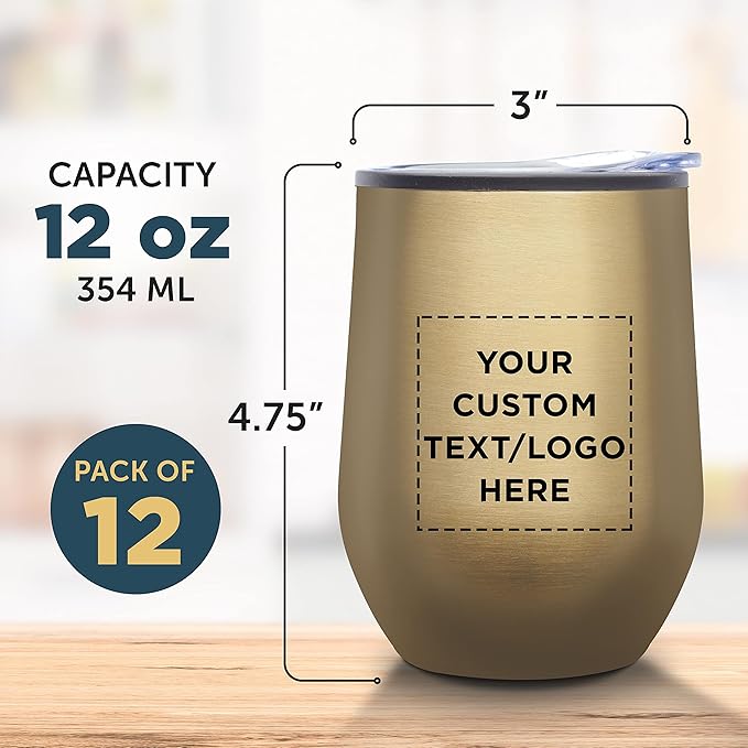 Custom Stemless Wine Tumblers 12 oz. Set of 12, Personalized Bulk Pack - Insulated, Perfect for Wine, Cocktails, Other Hot & Cold Beverages - Gold