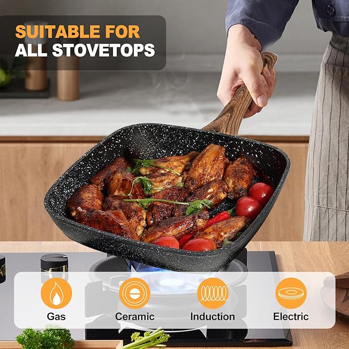 3 Pieces Nonstick Grill Pan Set – Square Griddle Pans with Wooden Handle, Compatible with All Stovetops, Perfect for Steak, BBQ, Vegetables (9.5", 10.2", 11") Deep Black