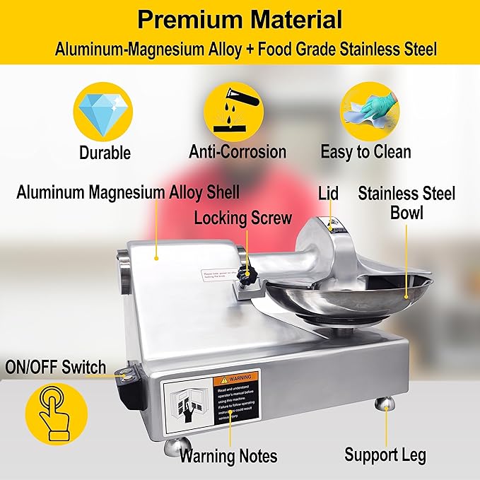 TECHTONGDA 110V Commercial Food Processor, 8L Electric Food Chopper Vegetable Cutter, Meat Grinder, Meat Bowl Cutter Chopper Machine for Vegetables, Grain, Nuts, Ginger, Garlic