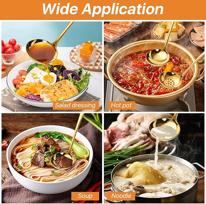 7.9 Inch Gold Small Ladle, 2 Pcs Gold Slotted Spoon Soup Ladle Set, Stainless Steel Small Ladles for Serving Sauce, Soup, Vegetables, Gold Metal Soup Ladle for Buffet, Party, Kitchen