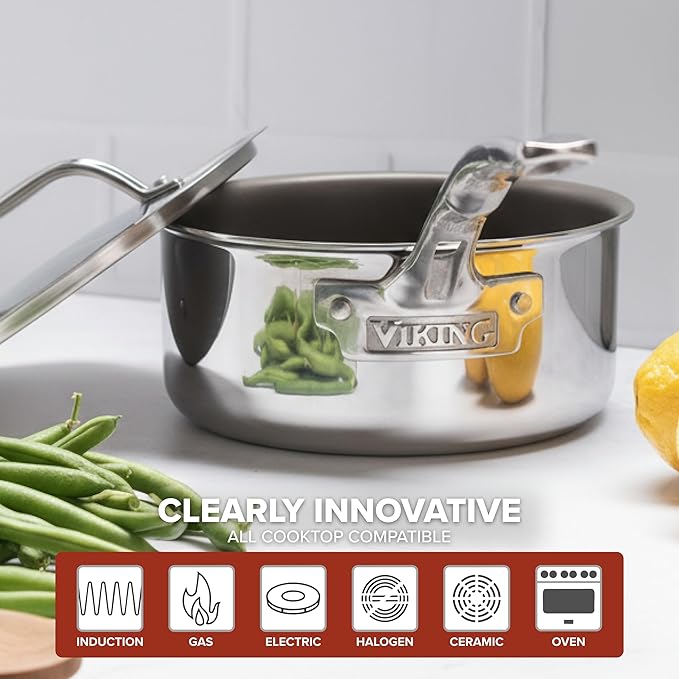 Viking PureGlide Pro 3-Ply Nonstick Sauce Pan, Made without PFAS, 2-Quart Induction Cooking Pot with Lid, Metal Utensil Safe Titanium Nonstick Surface, Oven Safe to 600F