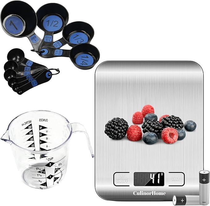 Wedding Registry Must Haves Items, Kitchen Essentials for First Apartment - Plastic Measuring Cups and Tablespoon & Teaspoon Spoons Set, 2cup Measuring Cup Bundle with Digital Kitchen Food Scale