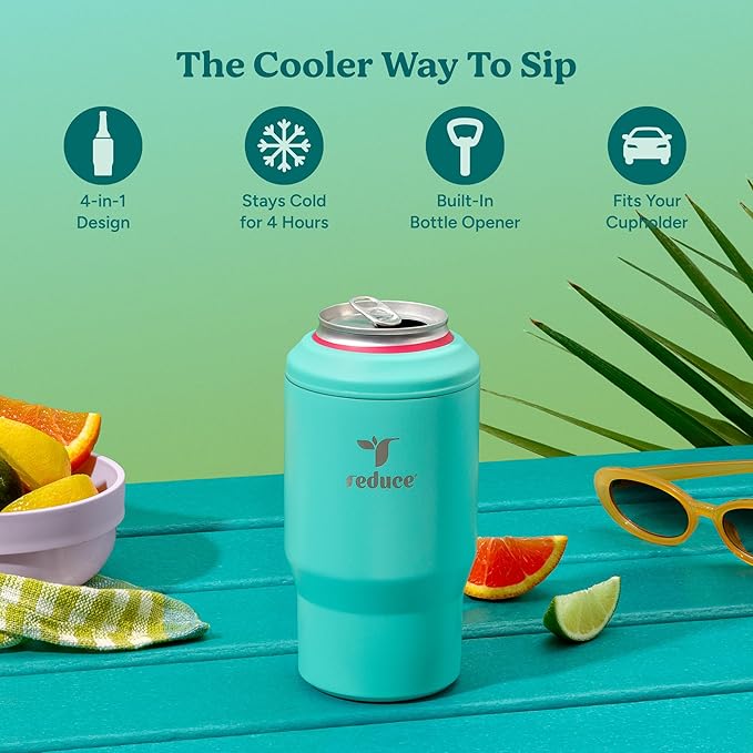 Reduce 4-in-1 Drink Cooler - Versatile Can & Bottle Holder with Vacuum Insulation - Keeps Drinks Cold Up to 4 Hours - Includes Bottle Opener - Fits Cupholders & Dishwasher Safe - 14oz - Ocean Breeze