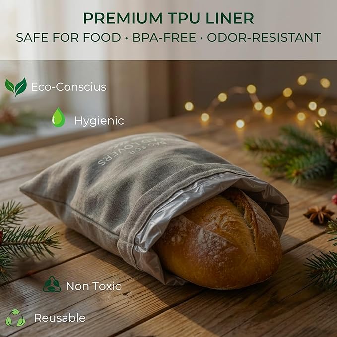 Linen Bread Bags for Homemade Bread – 2 Pack XXL Reusable Sourdough Bread Storage Bags, Keep Bread Fresh Longer, Grey Linen Bag with Drawstring and Handle, TPU Lining, Gifts for Bakers, Made in USA