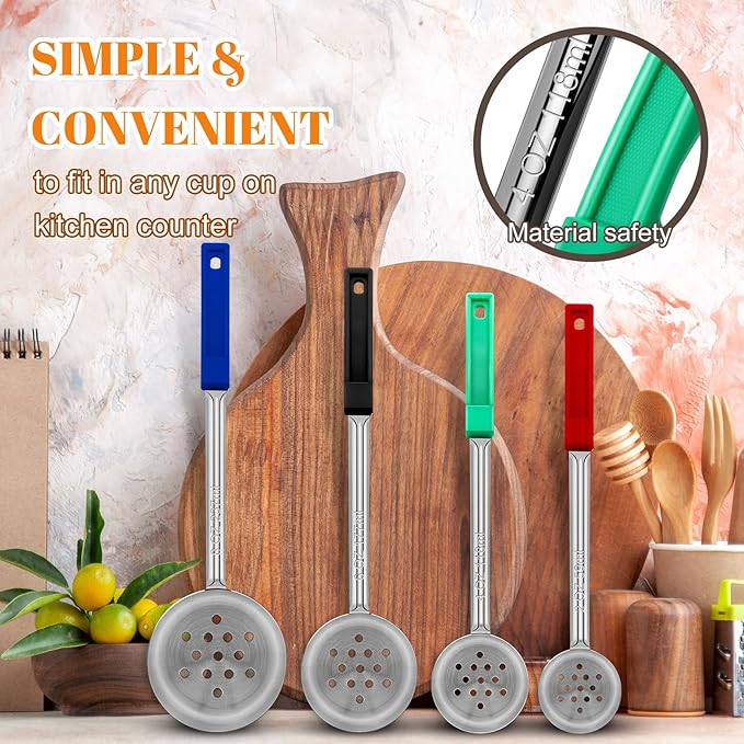 Stainless Steel Perforated Portion Control Ladle Spoon - Pizza Sauce Serving Spoons Portion Ladle for Sauces, Perfect for Weight Watchers, Buffets, Parties，2 oz 4oz 6oz 8oz Color Handles Spoodle