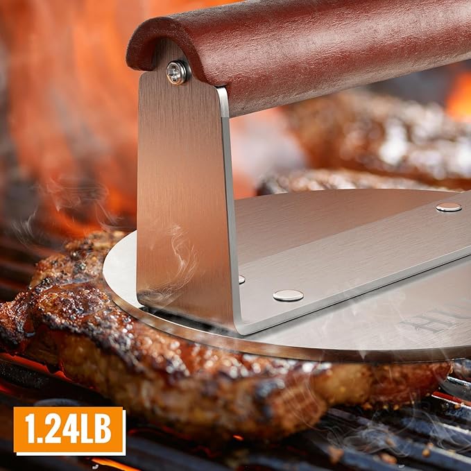 HULISEN Burger Smasher, Stainless Steel Smashed Burger Press, 6 Inch Hamburger Press for Griddle, Heavy-Duty Grill Press with Wood Handle, BBQ Accessories Tool, Weights 1.24 lb, Gift Wrapping