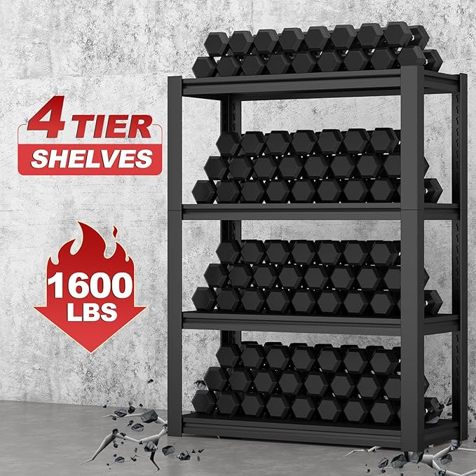 1600LBS Garage Shelving 4 Tier Heavy Duty Garage Shelving, Adjustable Metal Shelving Unit for Basement, Warehouse, Pantry, Closet, Kitchen,13.78" D x 29.53" W x 55.12" H