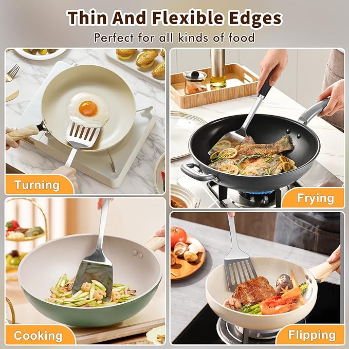 2 Pcs Silicone Stainless Steel Spatulas Set, Metal Spatula Solid & Slotted Turner, Heavy Duty Sturdy Spatula for Kitchen Use, High Heat Resistant Cooking Utensils for Fish Eggs Pancakes, Easy to Clean
