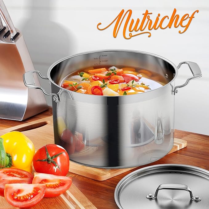 NutriChef Stainless Steel Cookware Stockpot - 14 Quart, Heavy Duty Induction Pot, Soup Pot with Stainless Steel Lid, Gas, Induction, Ceramic, Glass and Halogen Cooktops Compatible - NCSPT14Q