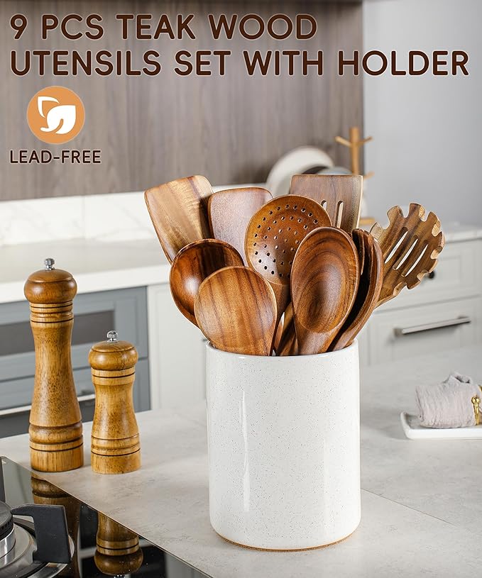 Nucookery Wooden Cooking Utensils Set with Holder, Teak Wood Utensils, Ceramic Holder for Countertop with Protection Cork Bottom, Nonstick Spoons, Cooking Spatula Set, 10 Pcs Kitchen Decor, (Sand)
