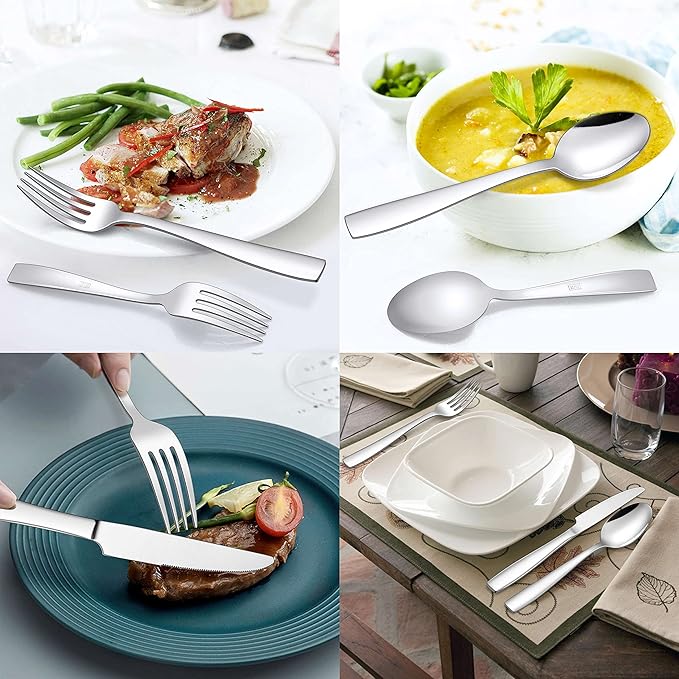 LIANYU 18/10 Stainless Steel Flatware Set for 12, 60-Piece Modern Silverware Cutlery Set, Fancy Square Eating Utensils Forks Spoons Tableware for Home Wedding Entertaining, Dishwasher Safe