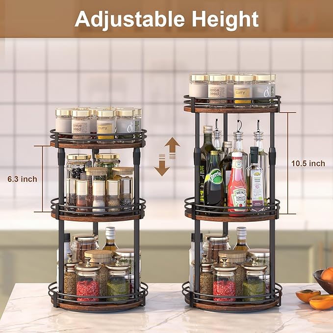 Lazy-Susan-Organizer-Spice-Rack, 3-Tier Adjustable Rotating Spice Organizer For Kitchen-Cabinet-Countertop-Pantry, Turntable Seasoning Holder Storage Shelf