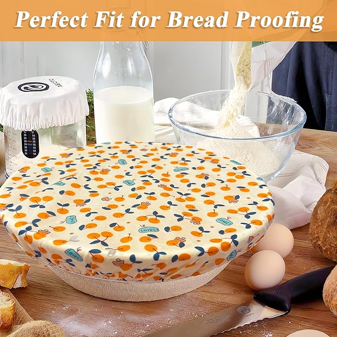 OHIYO Reusable Beeswax Bowl Covers (2 Large), Elastic Cotton Cloth Sourdough Bread Cover, 12 inch Reusable Bowl Caps for Bread Proofing Baskets and Large Mixing Containers