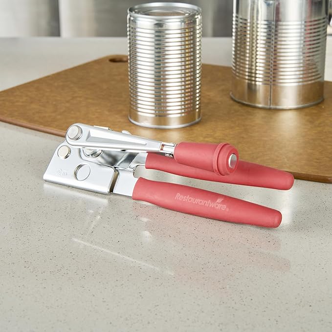 Restaurantware Stainless Steel Magnetic Manual Can Opener - German Standard Red Crank Can Opener with Magnet, Ergonomic Handles, Non-Slip - Heavy-Duty Hand Can Opener, Easy Turn, Sharp Blade