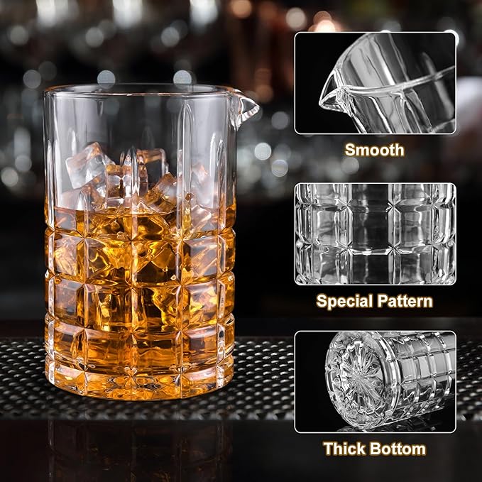 Cocktail Mixing Glass, 18.5oz Crystal Mixing Glass, Thick Bottom Bar Stirring Pitcher for Whiskey Manhattan Martini