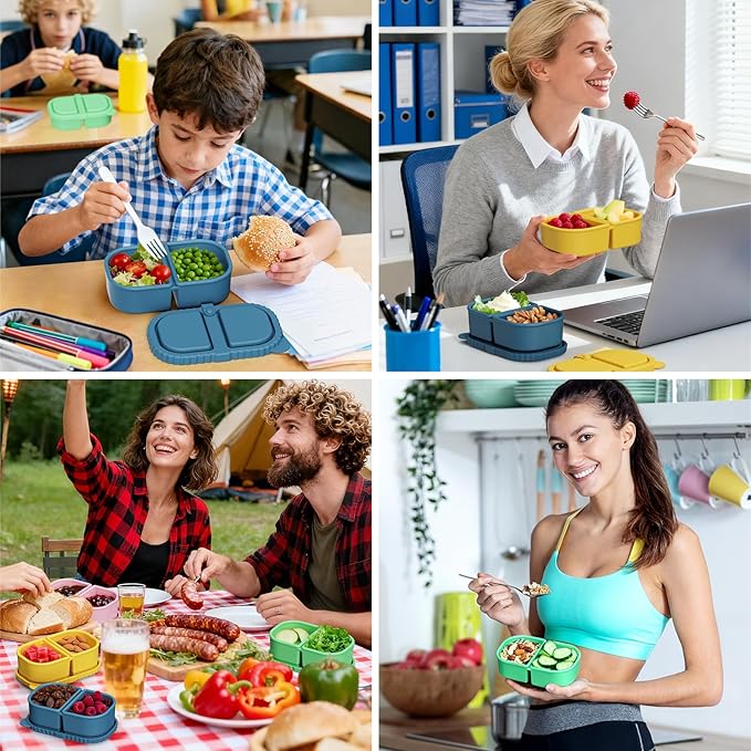 4 Pack Silicone Reusable Snack Containers with Lids, 8.5oz 2 Compartment Snackle Box Leakproof Bento Box Food Storage Container for Lunch, Picnic, School, Office