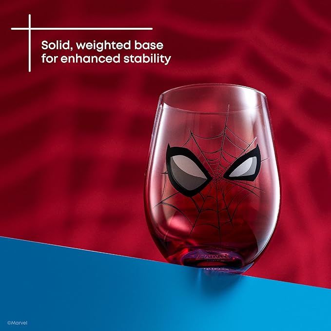 JoyJolt Marvel Spider-Man Spidey-Sense Stemless Drinking Glasses, 19oz Superhero Glass Tumblers, Set of 4 Drink Glasses, Marvel Gifts for Men and Women