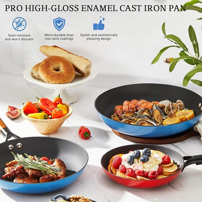 KITESSENSU Titanium Non Stick Frying Pan 8' - Deep Enameled Cast Iron Skillet - Cast Iron Pan for Compatible With All Stovetops - Gradual Cobalt Blue