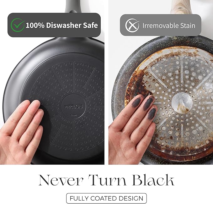 PRICUSIS Nonstick Frying Pan with Lid, 8/10 Inch Skillet with Stay Cool Handle, Fully Coated, Induction Compatible & Oven Safe, 100% Dishwasher Safe, PTFE & PFOA Free（8 Inch, Black Sesame）