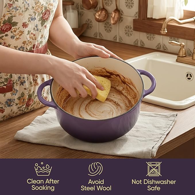 6 Quart Dutch Oven Pot with Lid, Non Stick Enameled Cast Iron Dutch Oven for Bread Baking, Heavy-Duty, Oven Safe Ceramic Cookware Up to 500°F for Baking, Braising, Stews, Roasting, Purple