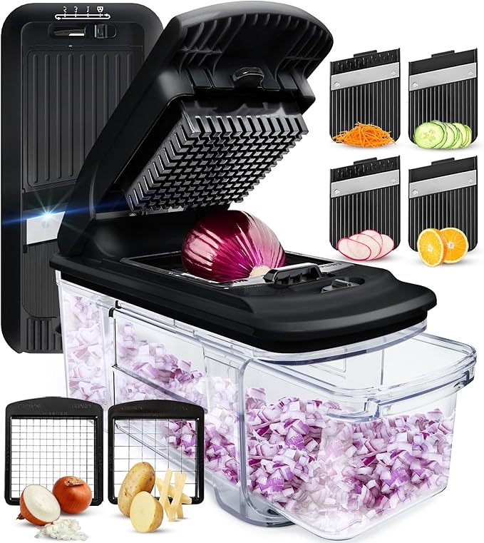 Fullstar Mandoline Slicer for Kitchen - Vegetable Chopper, Onion Potato Food Veggie Fruit Slicer and Cutter with Container, Kitchen Gadgets & Gifts, Home Essentials (4 in 1, Black)
