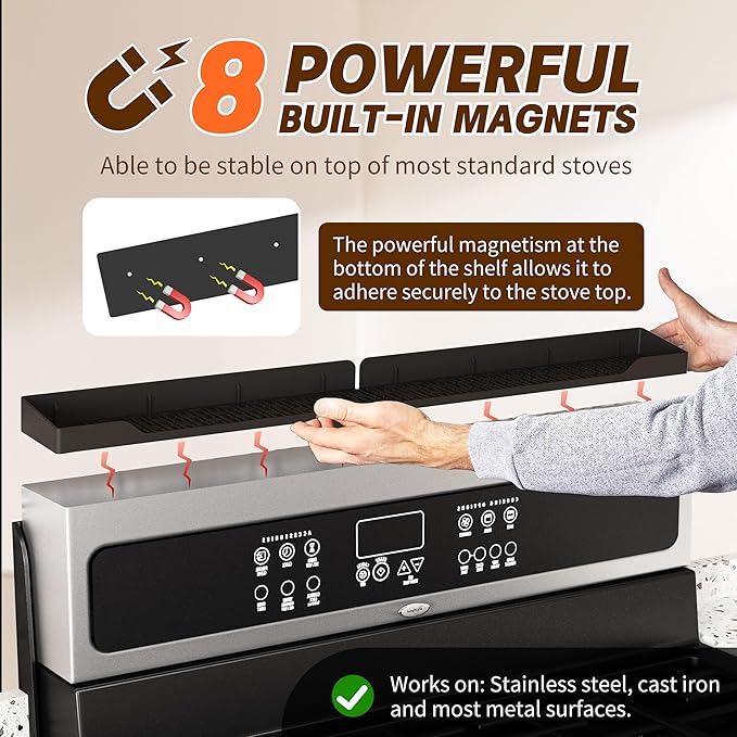 Stove Top Shelf 30 Inch, Magnetic Over the Stove Top Shelf, Silicone Oven Spice Rack Organizer Storage Organization for Kitchen, Black