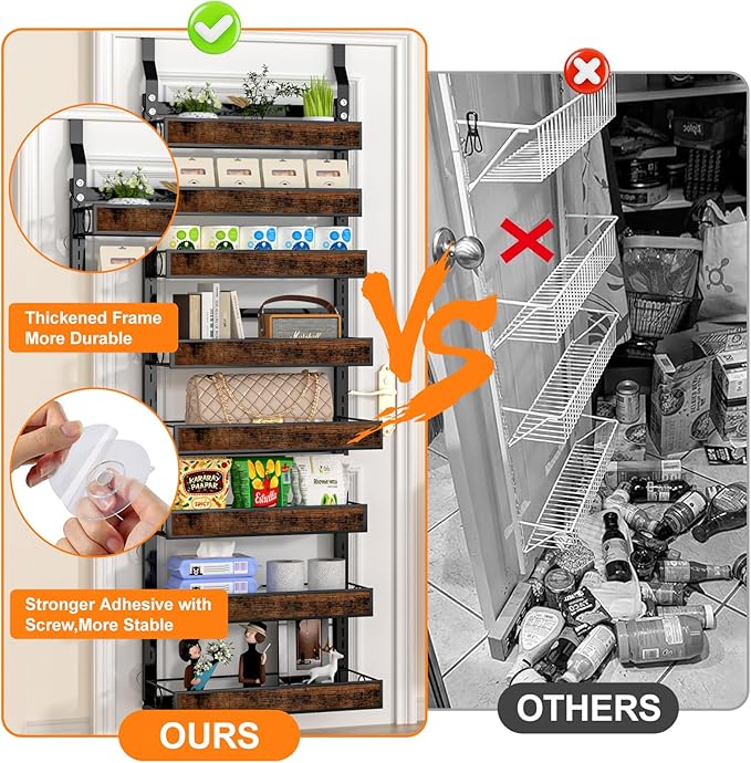 Over The Door Pantry Orangizer,8 Tier Wall Mounted Hanging Spice Rack with Adjustable Wood Basket,Metal Behind Door Storage Shelf for Kitchen Pantry and Bathroom