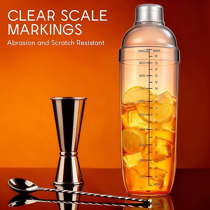 Plastic Cocktail Shaker with Measuring Scale 33oz (1000ml), Leak-Proof & Shatter-Resistant Drink Mixer for Bartending, Protein Shakes, Iced Coffee & Milk Tea
