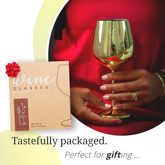 Gusto Nostro Stainless Steel Wine Glass - 18 oz Unbreakable Gold Wine Glasses for Travel, Camping and Pool - Fancy, Unique and Cute Portable Metal Wine Glass for Outdoor Events, Picnics (Set of 4)