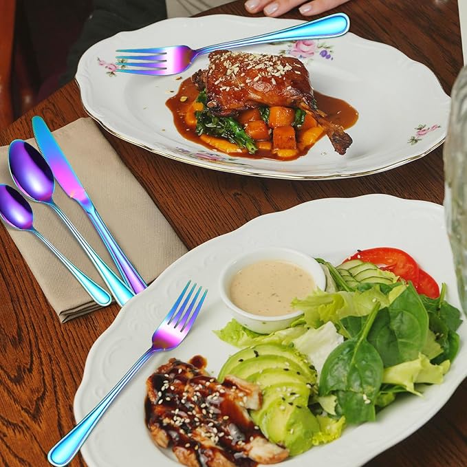 Colorful Forks Spoons Knives Silverware Rainbow Flatware Set for 4 Kitchen 20 Pieces Stainless Steel Cutlery Modern Eating Utensils Double Line Edges Handle