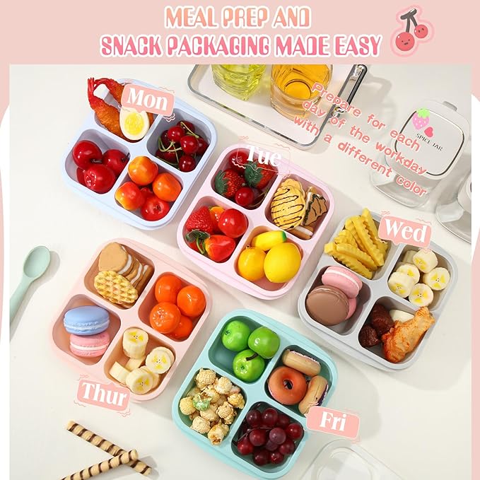 Honeydak 5 Pack Snack Containers 4 Compartment Bento Snack Boxes Reusable Lunchable Containers with Lids Divided Meal Prep Lunch Food Storage Box for School Work Travel(Macaroon,Equal)