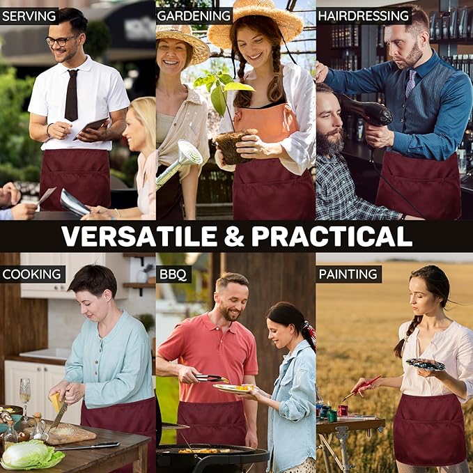 3 Pack Waist Apron with 3 Pockets, Unisex Black Waiter Aprons, Water Resistant Server Aprons for Restaurant Chef Bar
