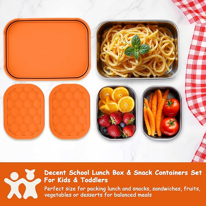 Homikit 3 Pack Kids Lunch Box Set, 18/10 Stainless Steel Bento Boxes with Silicone Lids Leak Proof, 5 Cups Reusable Metal Food Snack Containers for School Daycare, Nontoxic & Dishwasher Safe, Orange